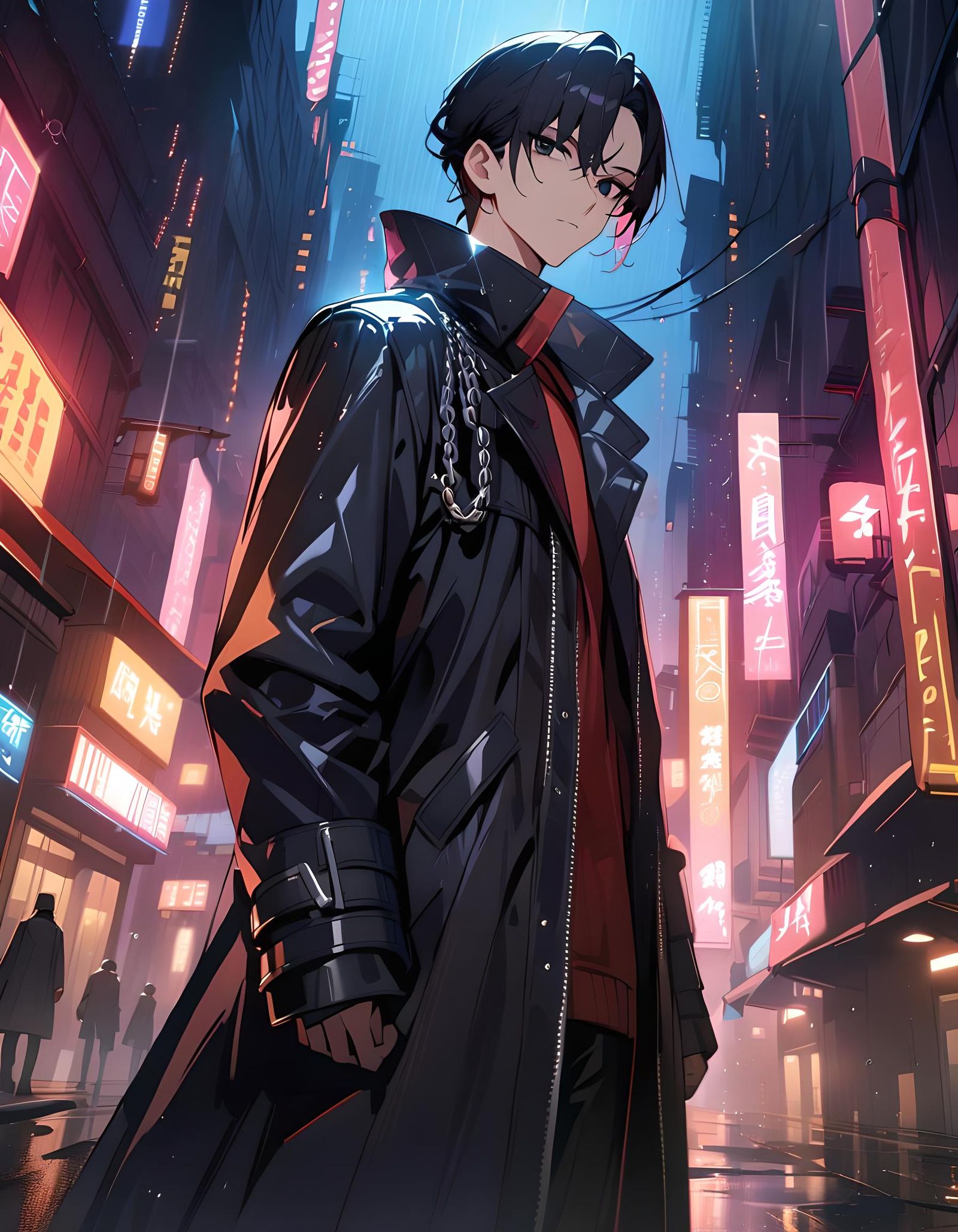 Mysterious Man in Neon Cityscape, Cel Shading