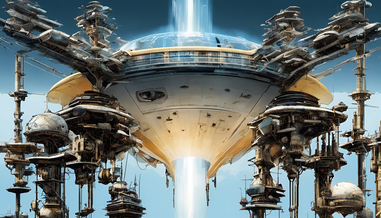 Art Deco Telescope Tower with Holographic Spaceships