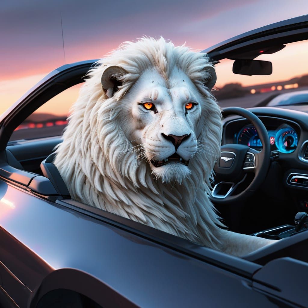 Lion Furry Drives Challenger in Neon-Lit Digital Art