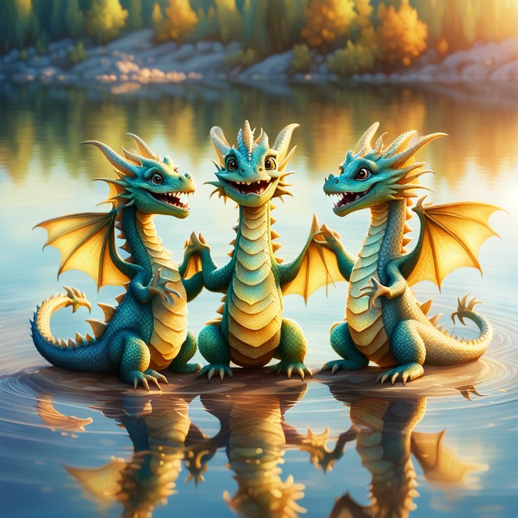Dragons Dancing in Golden Sunlight: Whimsical Illustration