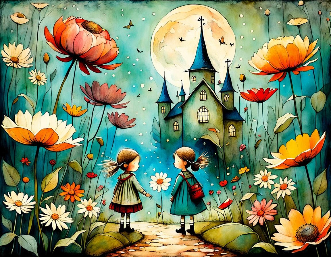 Children in Magical Garden, Whimsical Illustration
