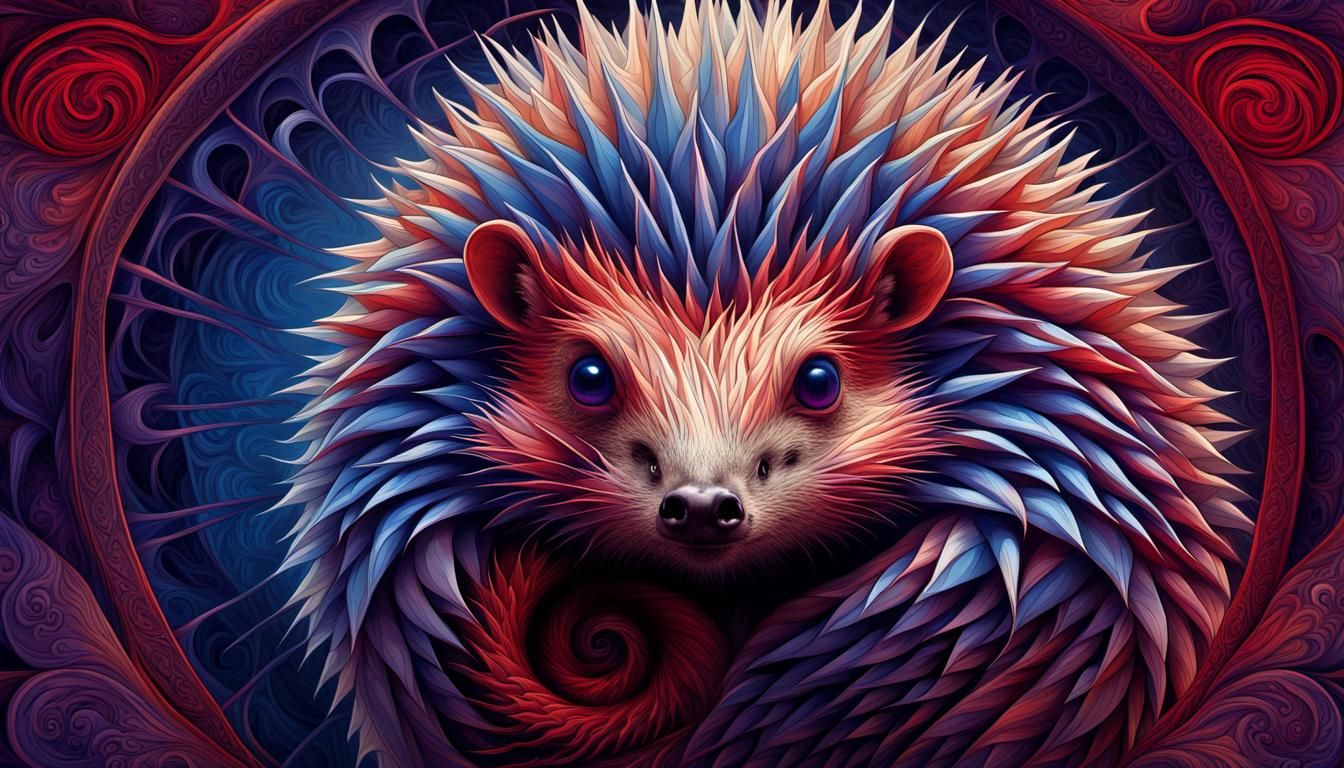 Eerie Hedgehog-Man Portrait in Art Nouveau Op-Art
