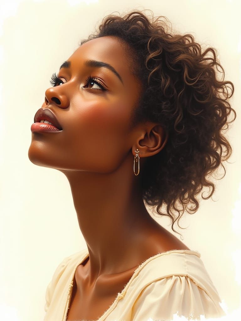 Dreamy African Woman Gazing Upward as Watercolor Portrait