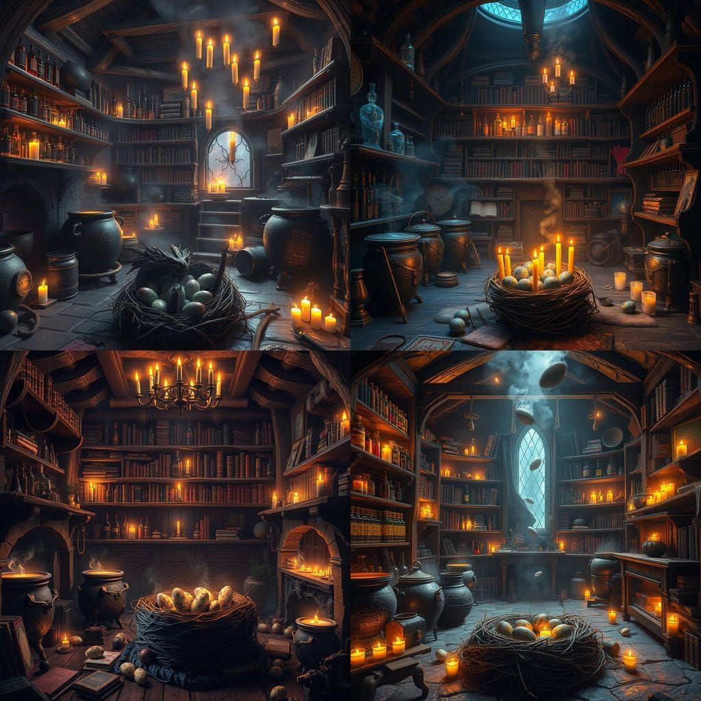 Surreal Dark Fantasy Scene with Bubbling Cauldrons and Drago...