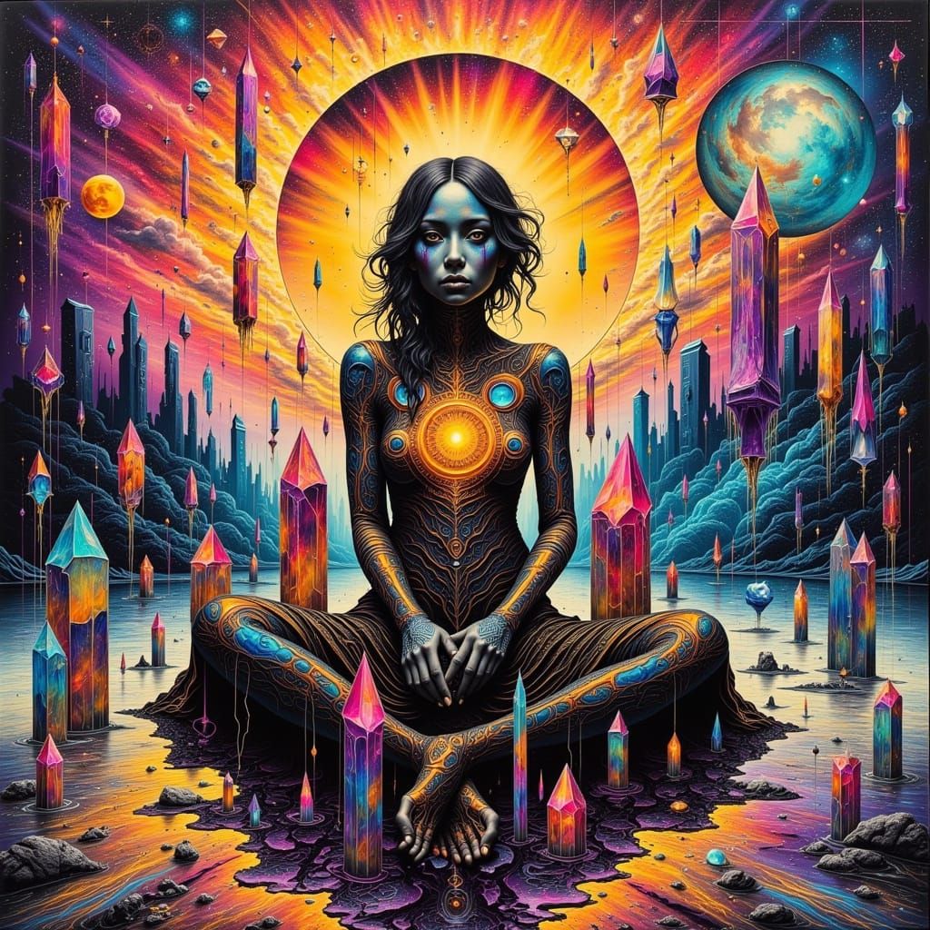 Surreal Woman in Dreamlike Dystopian Landscape