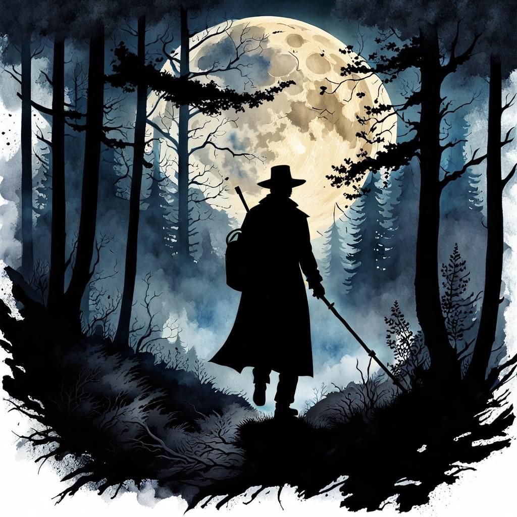 Moonlit Wanderer in Dark Forest: Watercolor and Ink