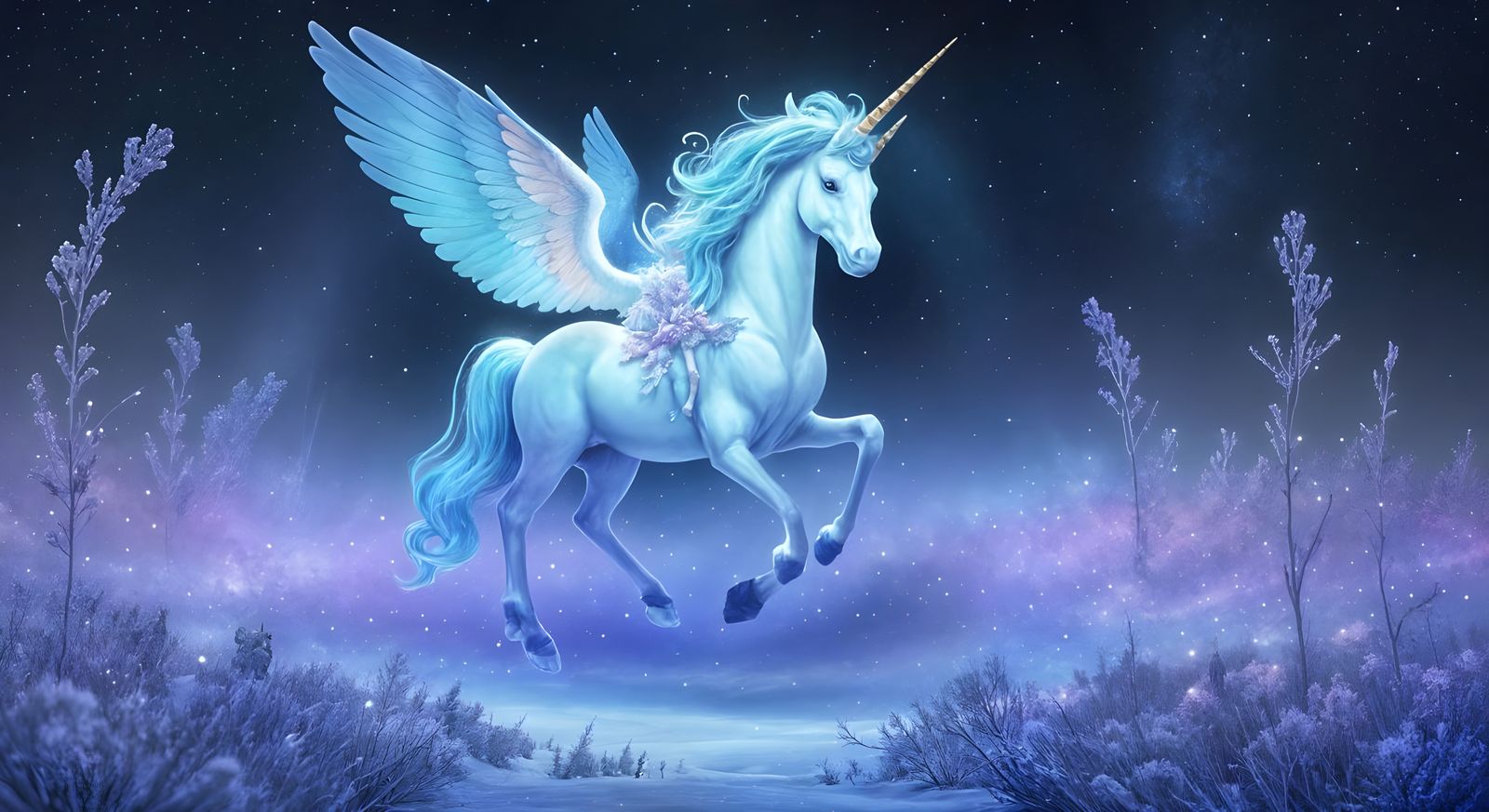 Mythical Unicorn Under Starry Winter Sky