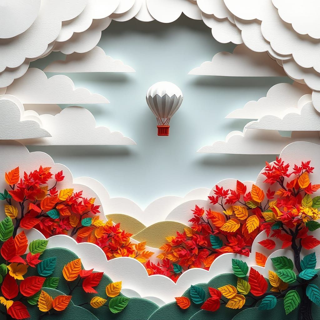 Kirigami Paper Zeppelin Over Autumnal Paper Forest
