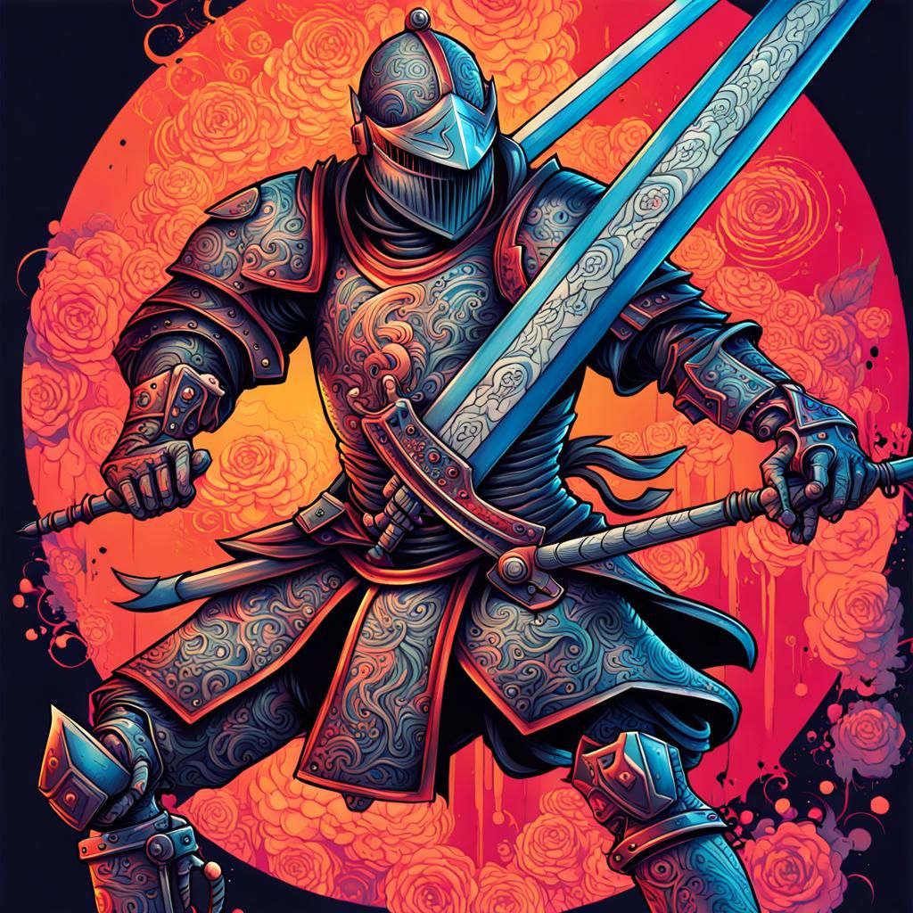 artistic image of a medieval cyberpunk knight in a Japanese tattoo illustration style. The knight should be portrayed in...