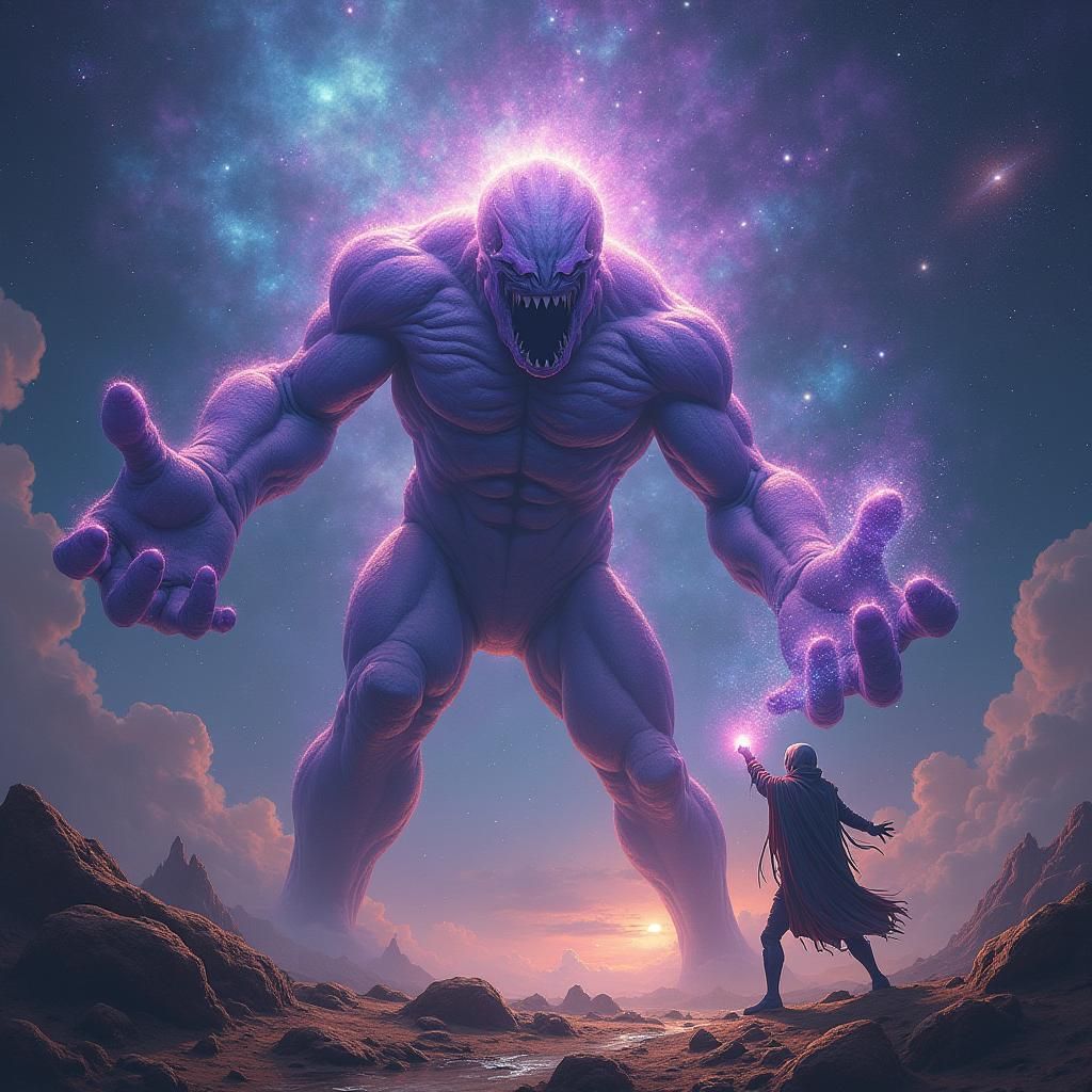 Celestial Titan Punches Cosmic Entity in Surreal Scene