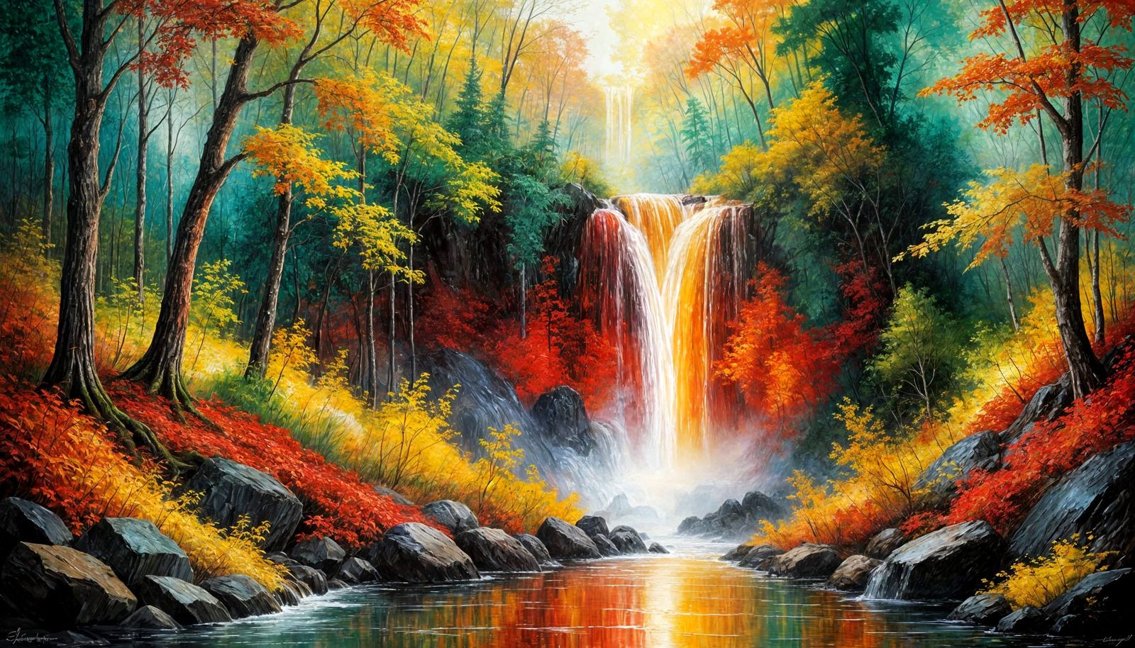 Mystical Forest Illuminated by Fiery Red Waterfall in Oil Pa...