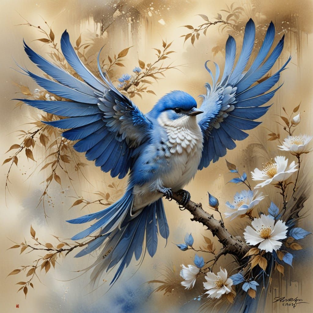 Fluffy Blue Bird in Chinese Watercolor Landscape