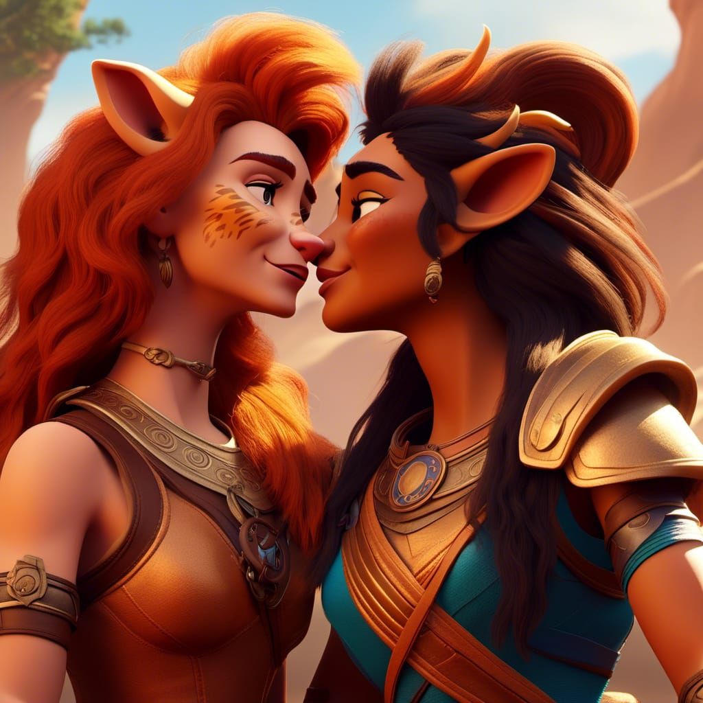Lesbian Lionesses Kissing in Pixar 3D Style