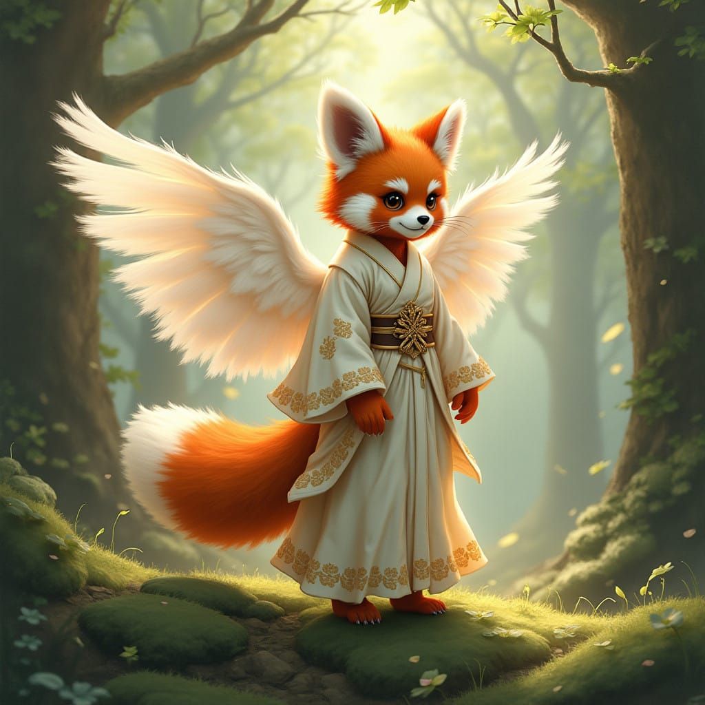 Red Panda Girl Hybrid with Elegant Kimono in Dreamy Forest