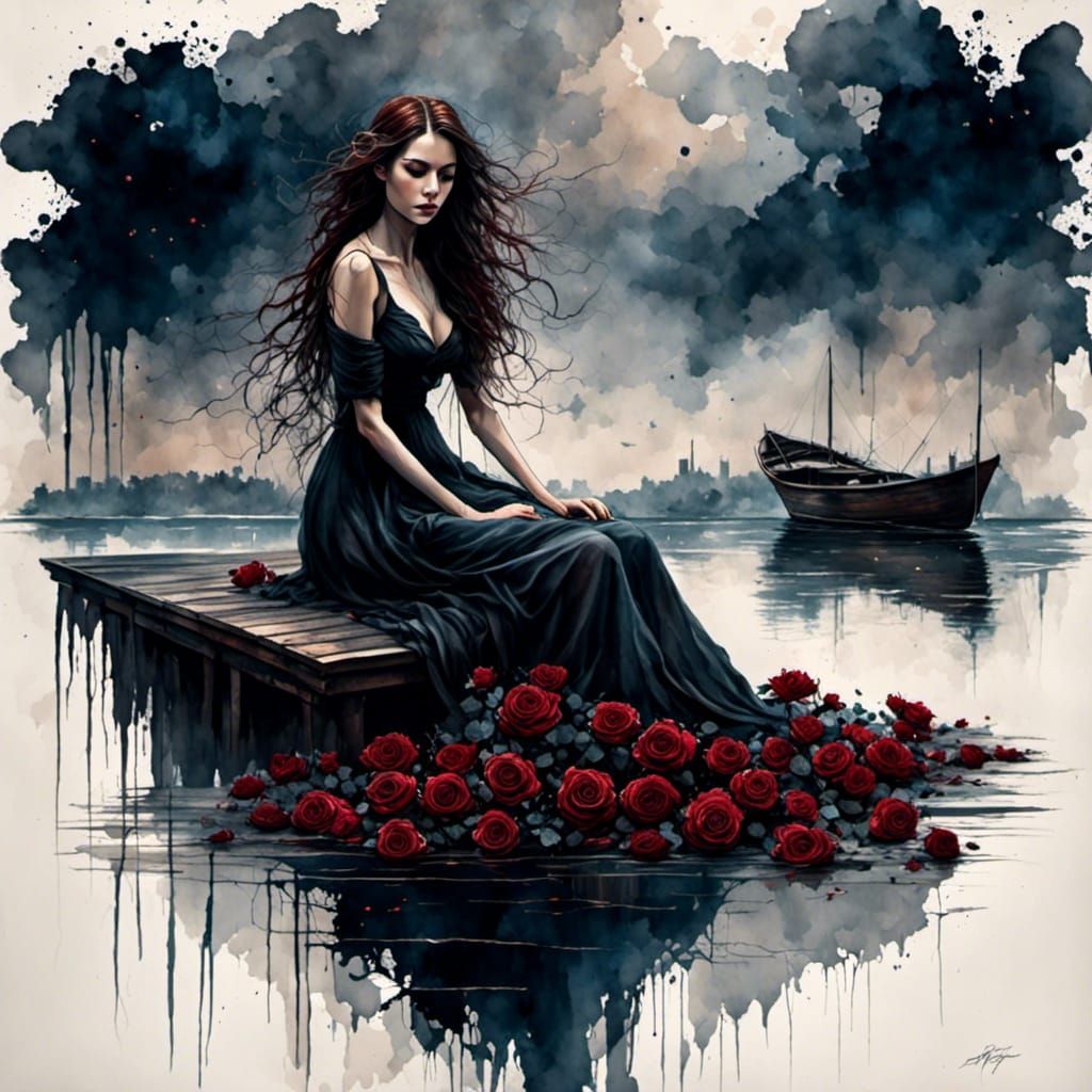 Woman with Roses: Watercolor Fantasy Art