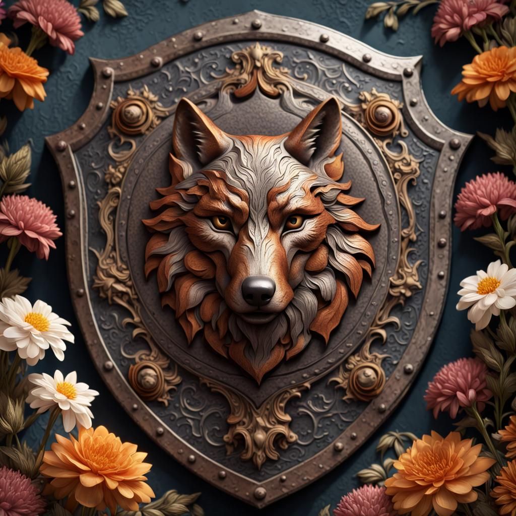 Embossed Wolf Shield Still Life in Detailed Matte Painting