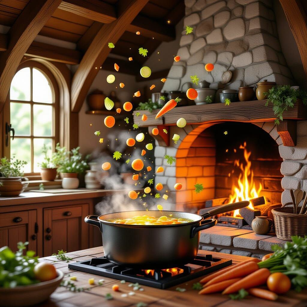 Whimsical Cottage Kitchen with Levitating Vegetables