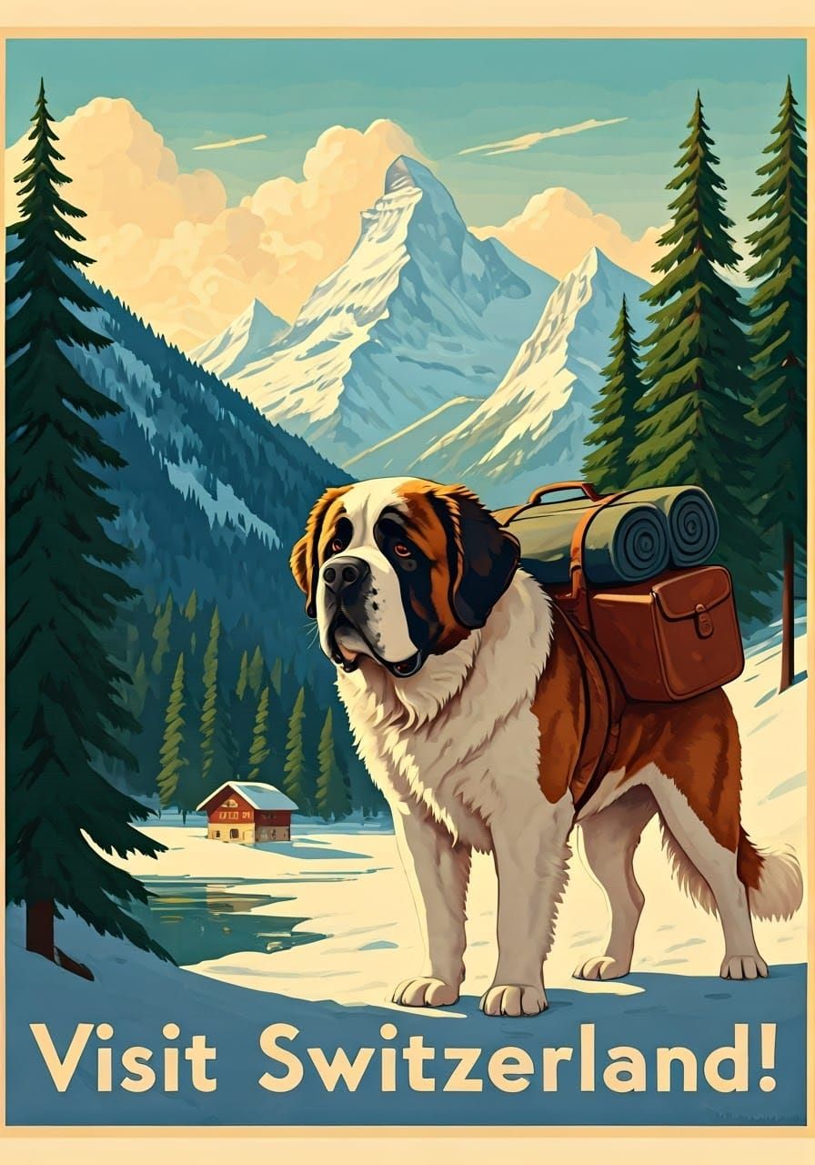 Vintage Swiss Travel Poster: Saint Bernard Dog