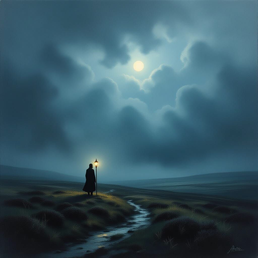 Solitary Figure on Desolate Moor in Dark Romanticism Style