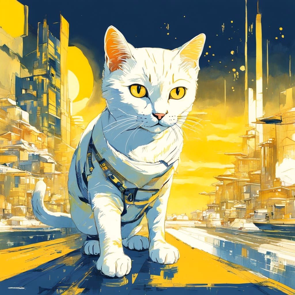 Cute Chibi Cat in Golden Sunrise, Ukiyo-e Retrofuturism