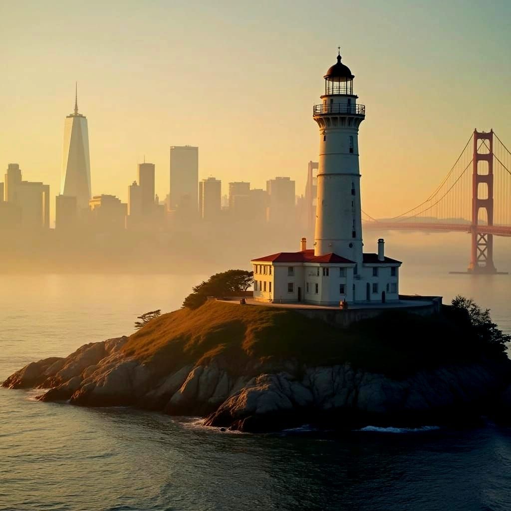 San Francisco Bay Lighthouse with Vibrant Cityscape