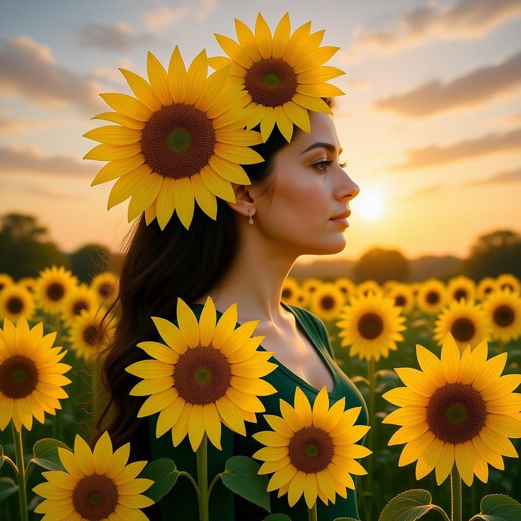 Sunflower Double Exposure Portrait in Dreamlike Style