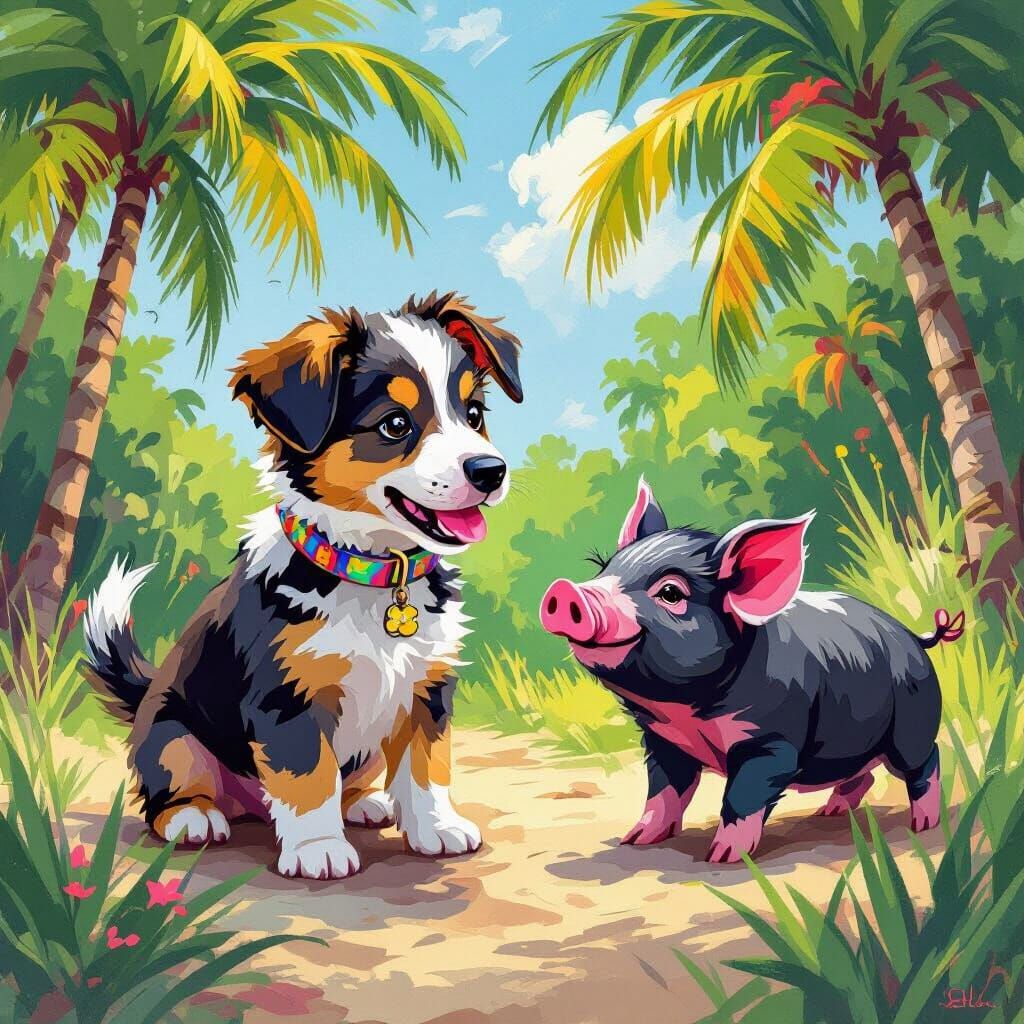 Two-Tailed Puppy Plays with Pig, Loish Style