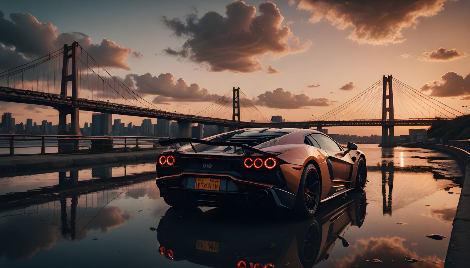 Hyper-Realistic Sunset Bridge Scene with Supercars