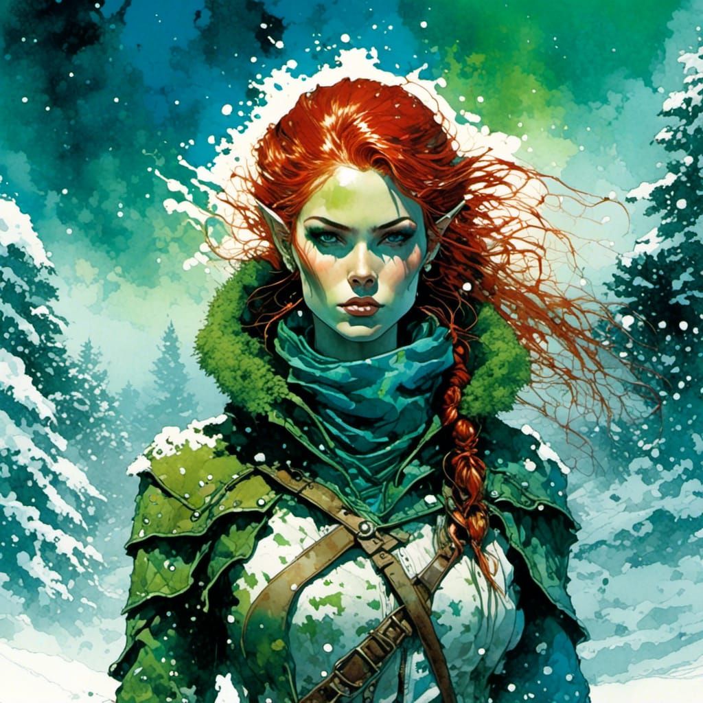 Elf Rogue in Icy Landscape, Digital Watercolor Style