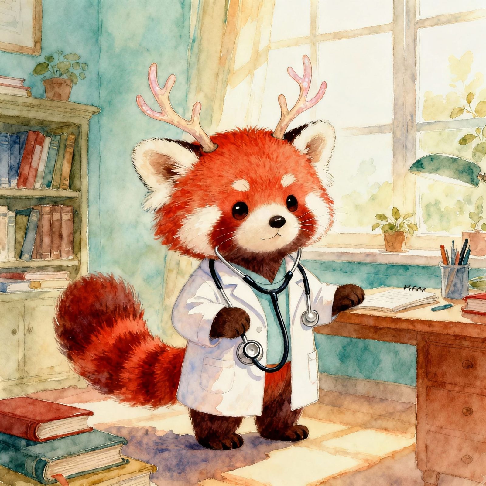 Baby Red Panda Doctor with Antlers in Storybook Style