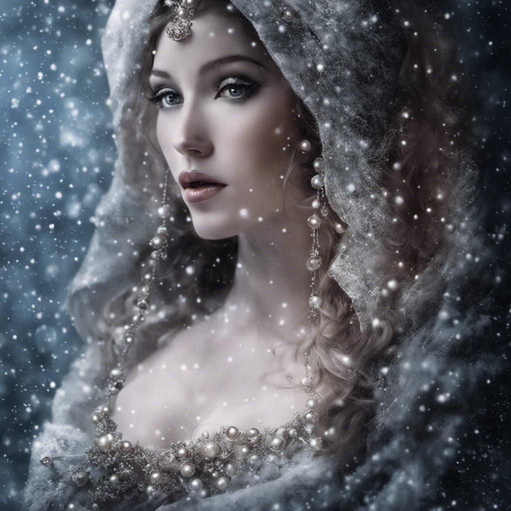 Ethereal Woman in Pearls and Snowflakes