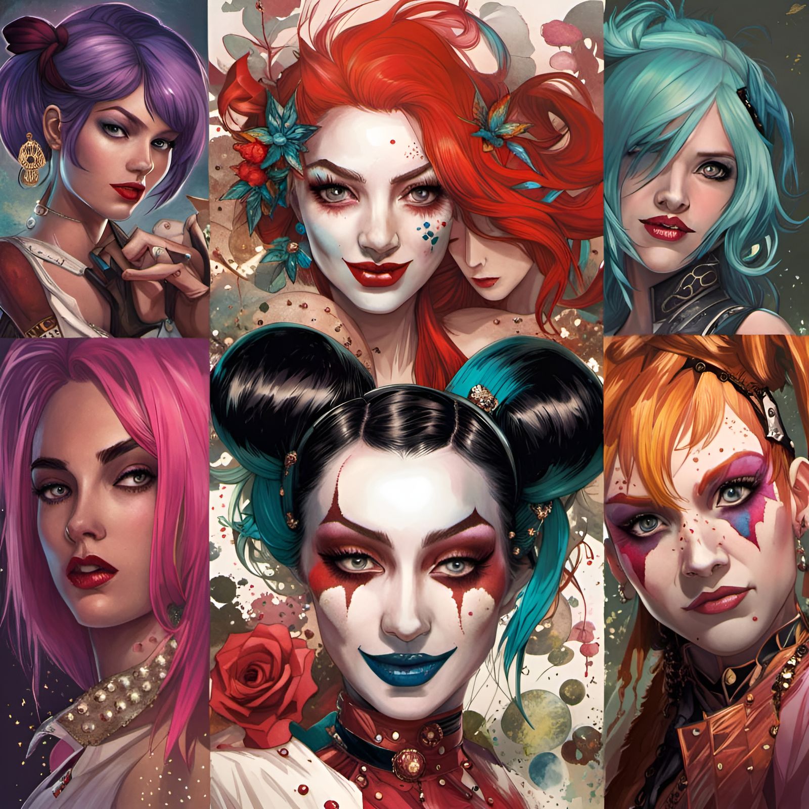 Five Harley Quinns in Surreal Digital Art Style