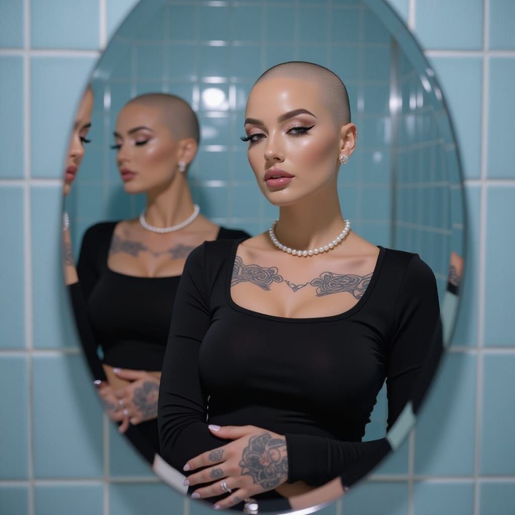 "Mirror selfie of a bald, heavily tattooed woman in a tiled bathroom, her reflection captured in an oval mirror. She wea...