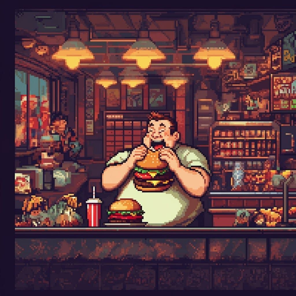 8-Bit Pixel Art of Man Eating Burger
