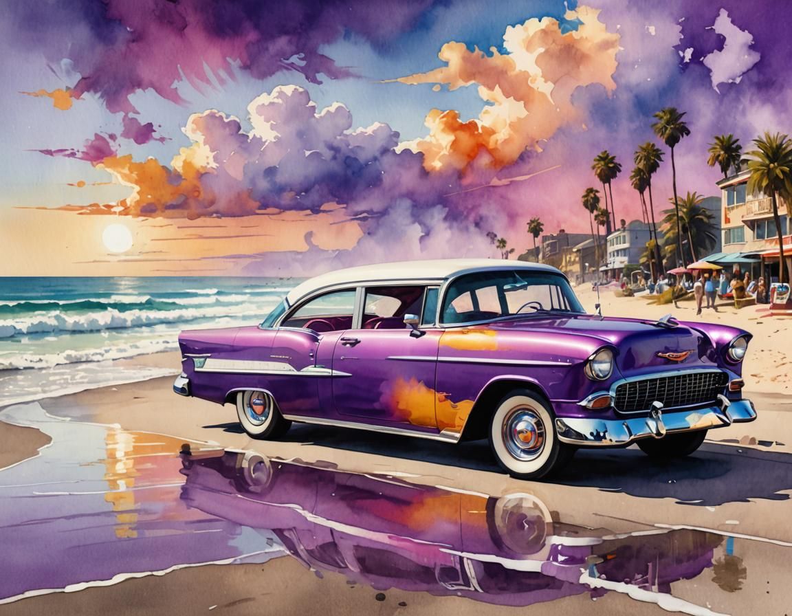 Chevrolet Bel Air Drives Venice Beach in Watercolor