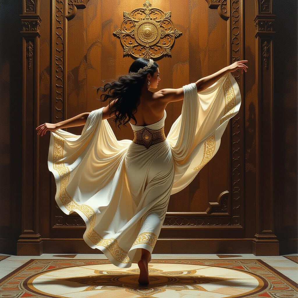 Woman in Toga Backflip in Fantasy Oil Painting Style