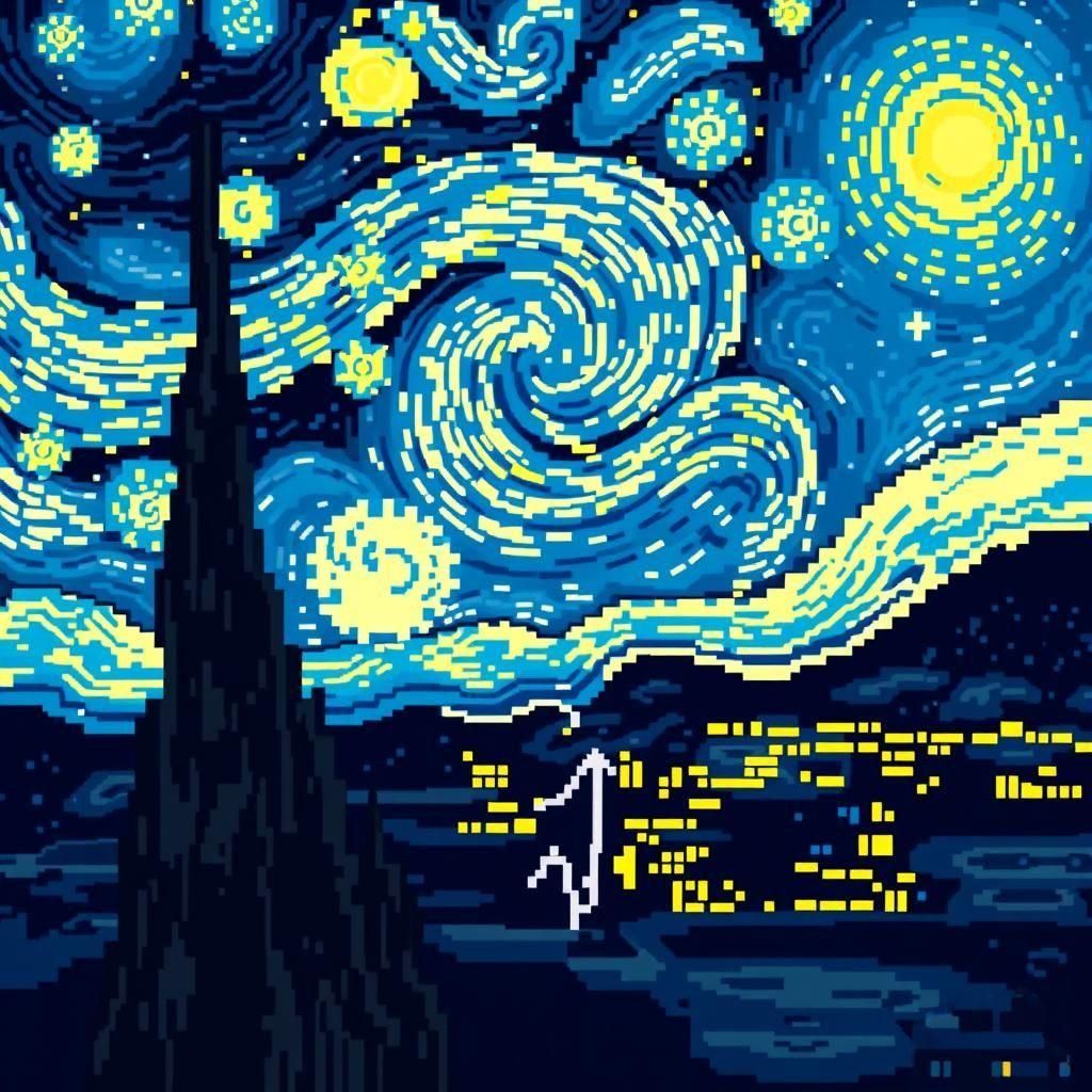 Starry Night as Pixel Art Video Game Scene