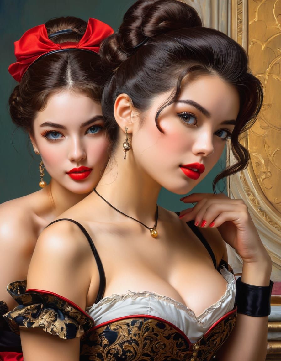Surreal Fantasy Pinup Women in Early Baroque Castle