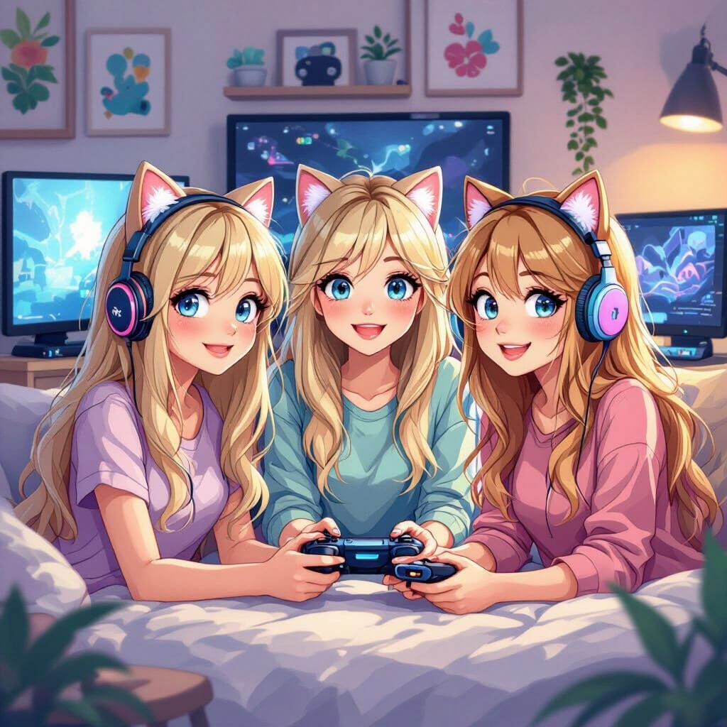 Gaming Girls in Cozy Bedroom: Digital Art Illustration
