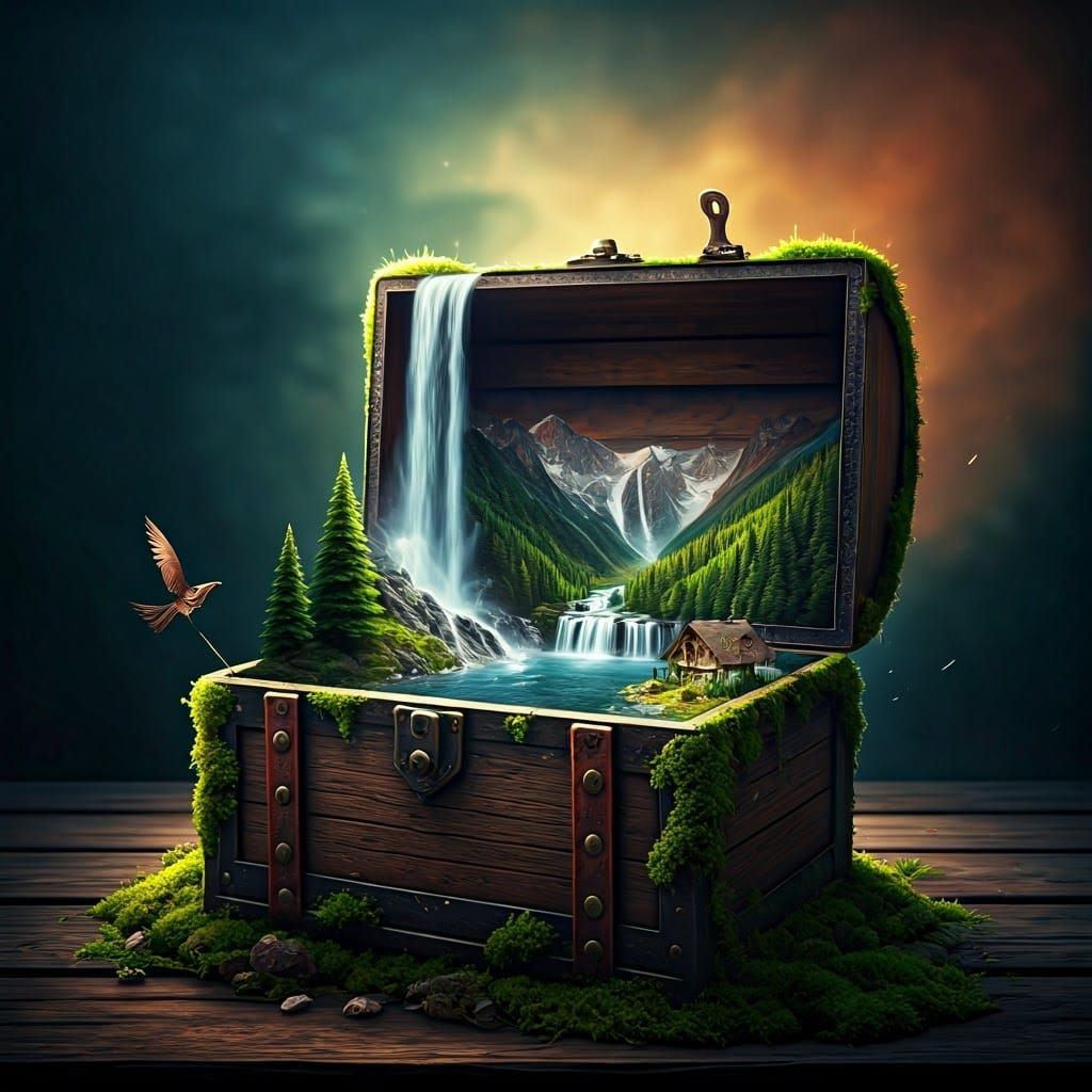 Surreal Scene of a Valley and Waterfall Emerging from a Moss...