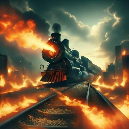 Fire-Breathing Runaway Train in Photorealistic Style