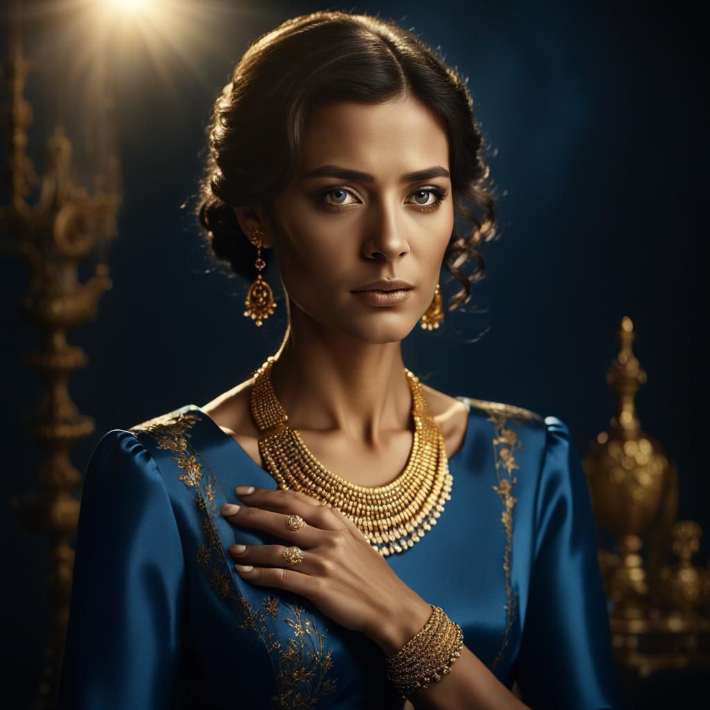 Elegant Woman in Photo Studio with Golden Light