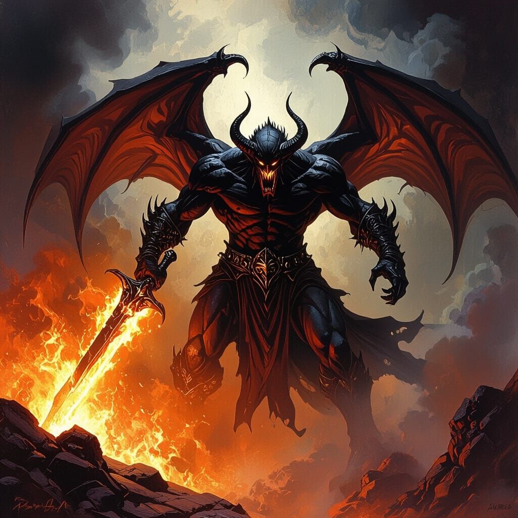 Balrog with Flaming Sword in Dark Fantasy Style