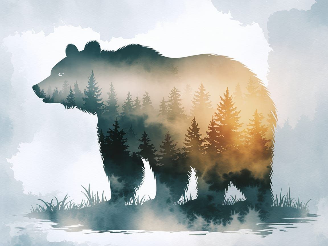 Bear in Watercolor Forest Landscape Double Exposure Artwork