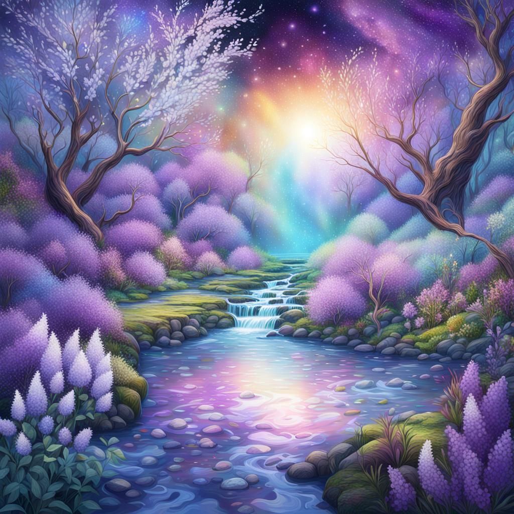 Astral Catkin and Lilac Bushes by Flowing Brook