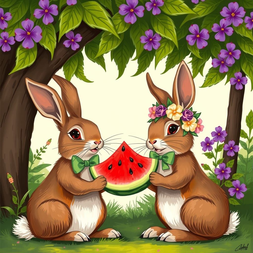 Brown Rabbits Enjoy Watermelon Under a Whimsical Tree