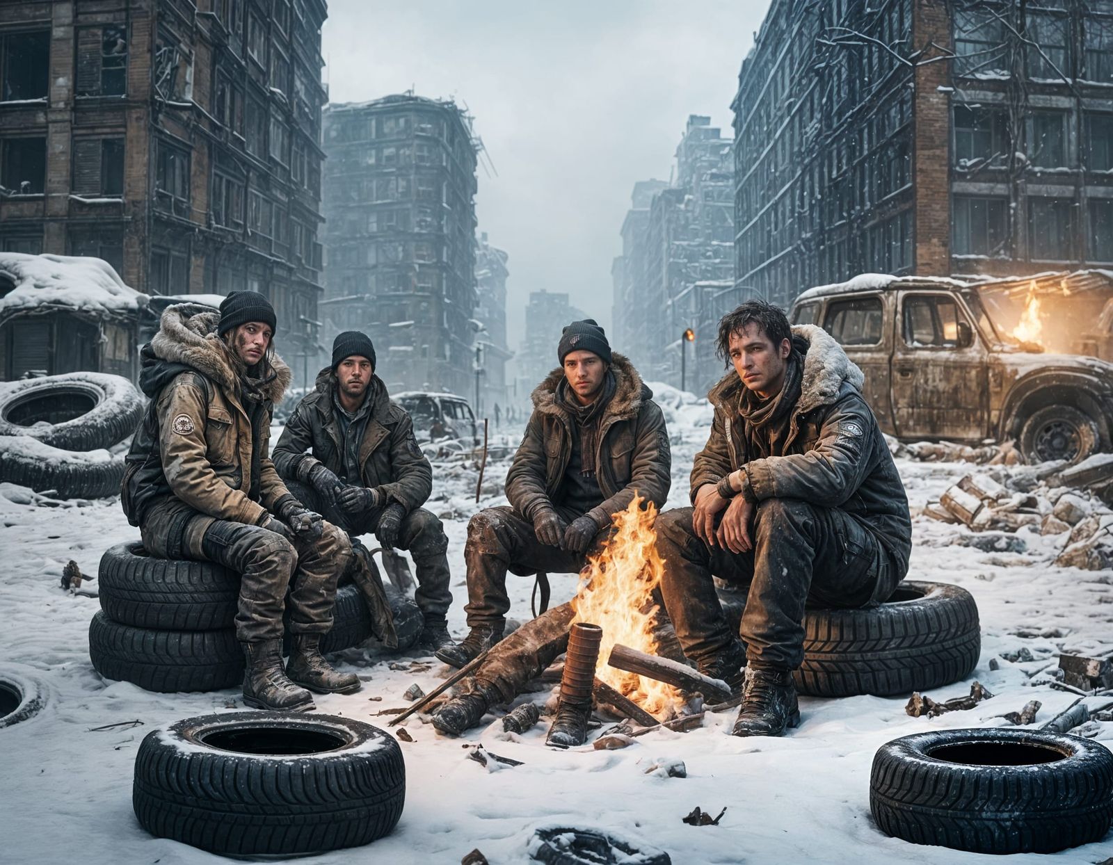 Survivors Amid Winter Ruins in a Post-Apocalyptic Metropolis