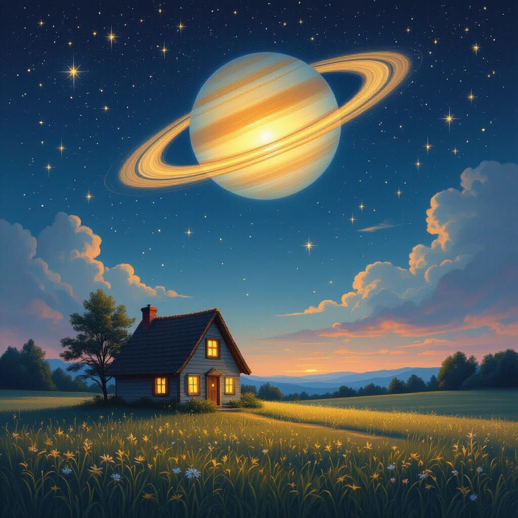 Cozy Cottage Under Starry Sky With Golden Ringed Planet