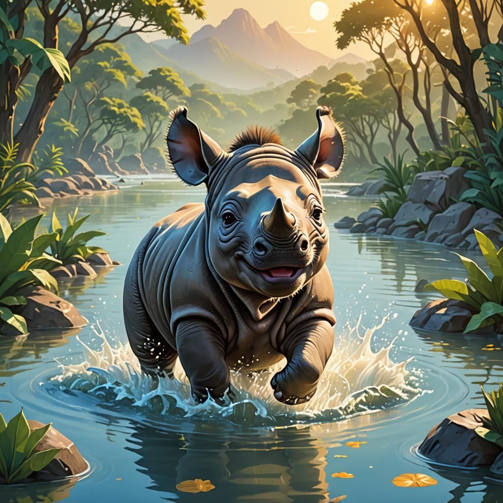 Kawaii Baby Rhino Plays in Water at Golden Hour