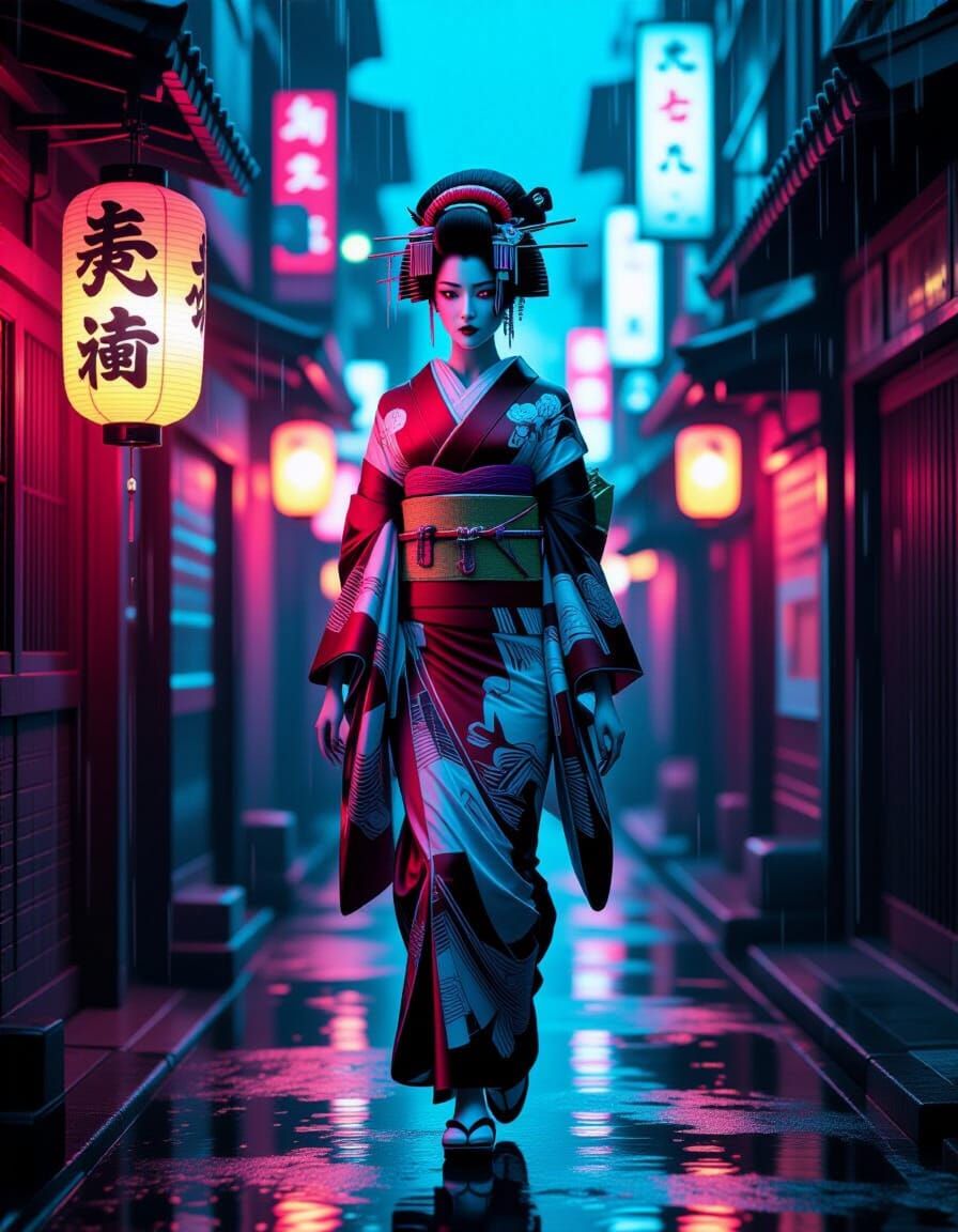 Cyberpunk Geisha in Neon Alleyway